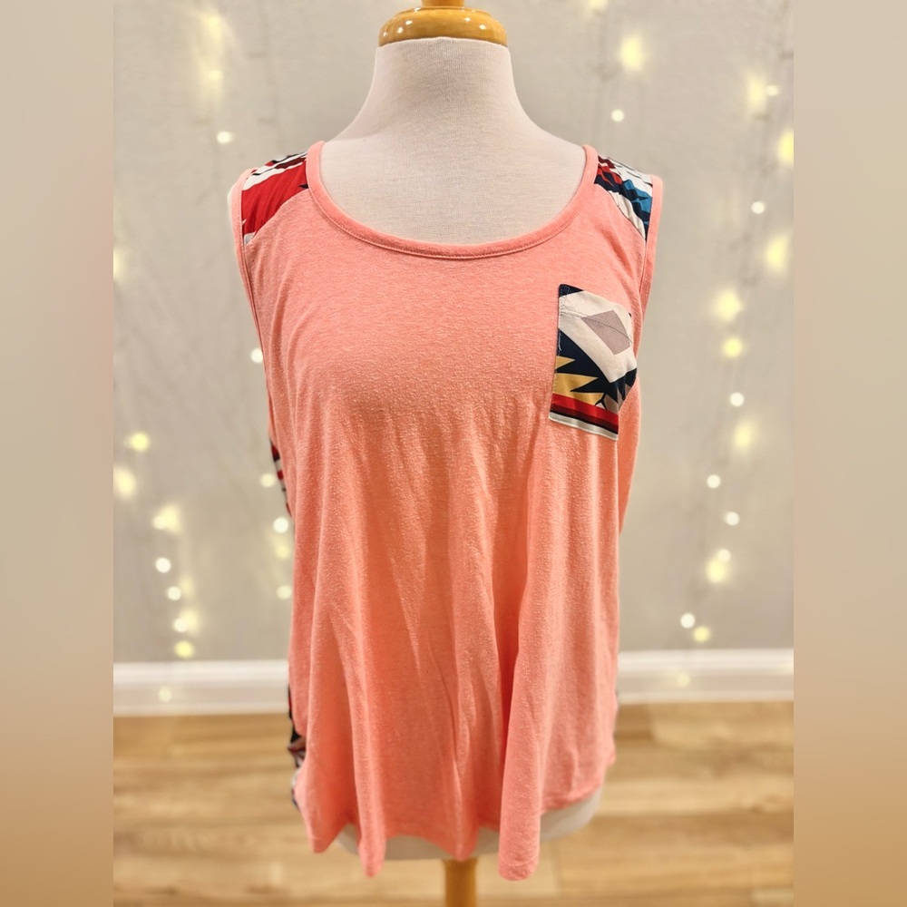 Coral Aztec Tank Top with Southwestern Detailed Back and Pocket